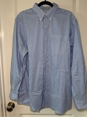 Hart Schaffner Marx No-Iron XL 100% Cotton Dress Shirt Blue White Stripes